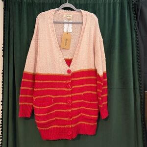 NWT Listicle Pink, Red, Tan Accents Chunky Knit Button Down Cardigan Sz Large